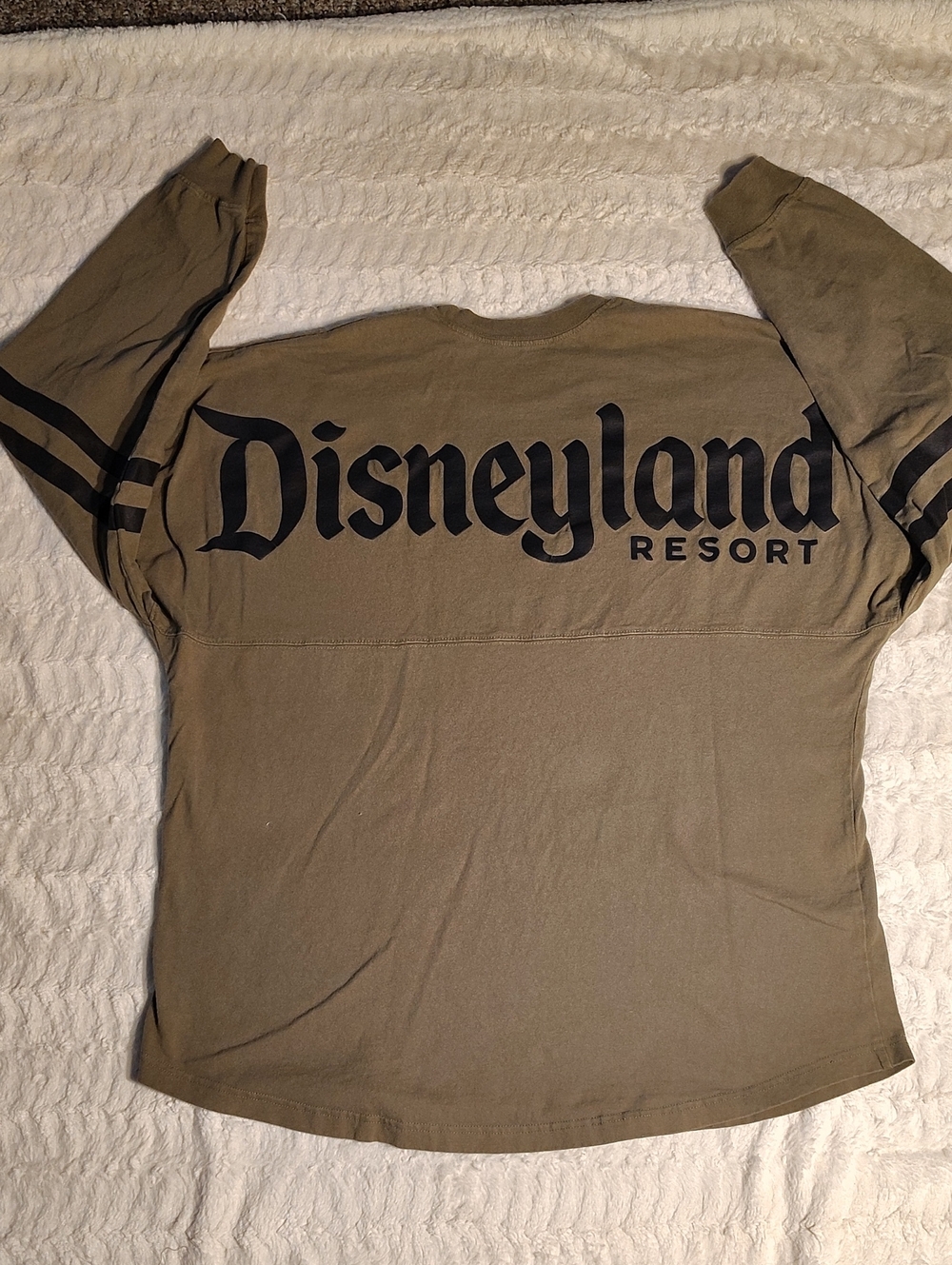 Disney Olive Green Long Sleeve Resort Tee with Black Logo Stripes